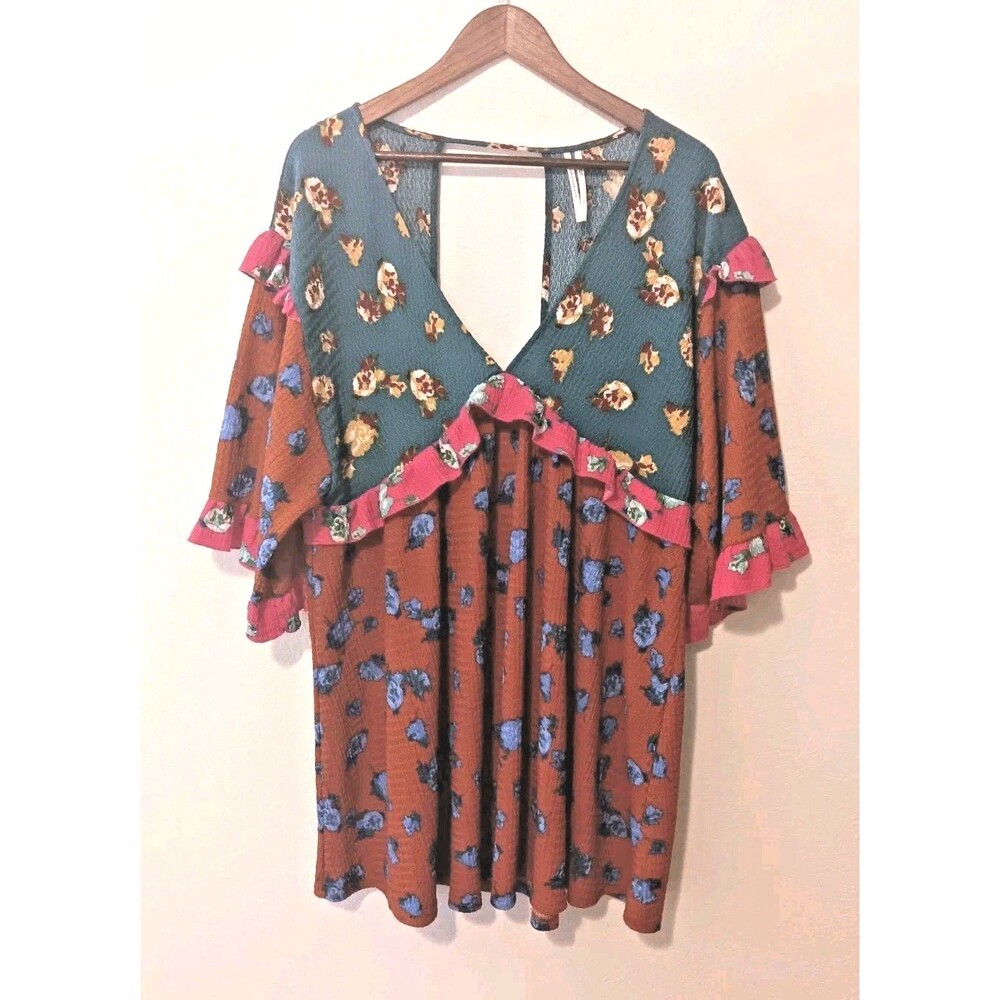 Anthropologie Sz L Floral Ruffle Babydoll Mini Dress Tunic Teal Rust Pink Boho